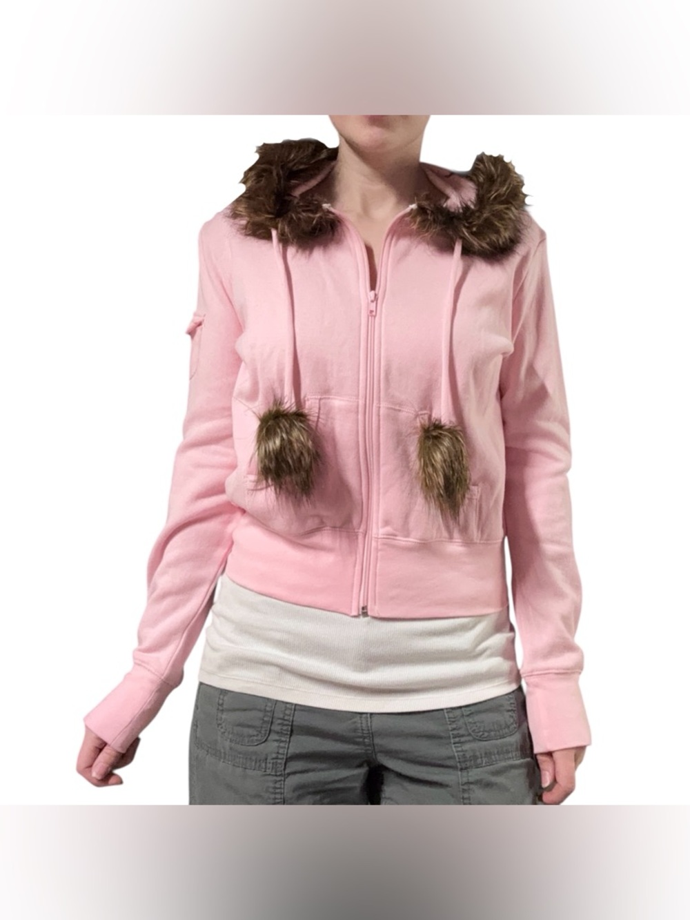 NWT✨ | Energie | Vintage Deadstock Y2K Pink Zip Hoodie w Faux Fur Trim/Pom Poms